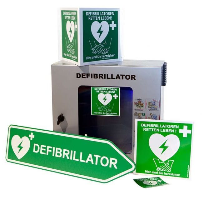 Automatischer externer Defibrillator in grüner Box mit Symbolen und Funktionen.